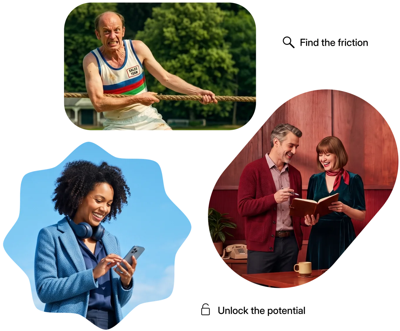 Three images showing friction and potential